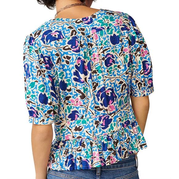 ba&sh Oleo Peplum Floral V Neck Top Blouse Womens Large Preppy Designer Feminine - Picture 5 of 10